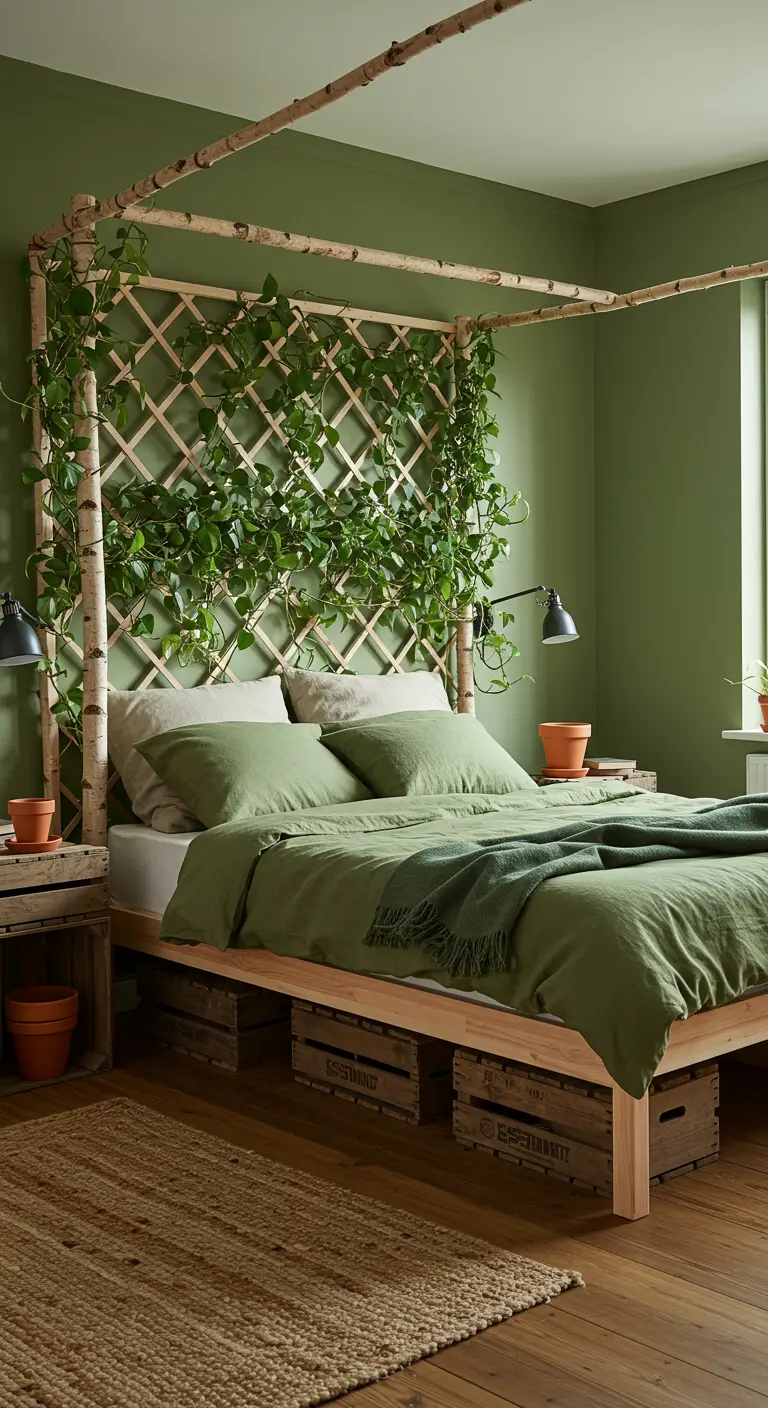 Houten bedframe met een trellis hoofdbord begroeid met klimplanten, groene muren.