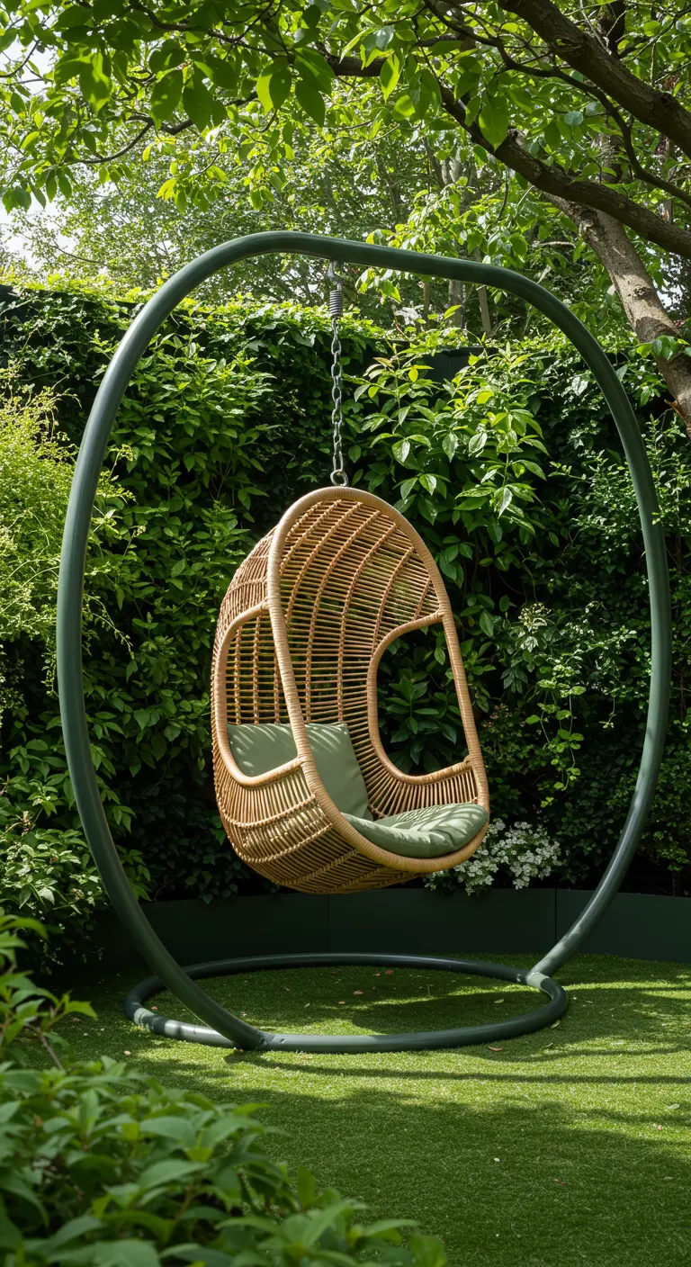 Rotan eivormige hangstoel in een rond, donkergroen metalen frame in een groene tuin.