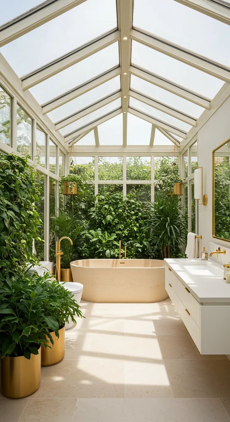 Lichte badkamer met glazen dak, veel planten in gouden potten en gouden kranen.
