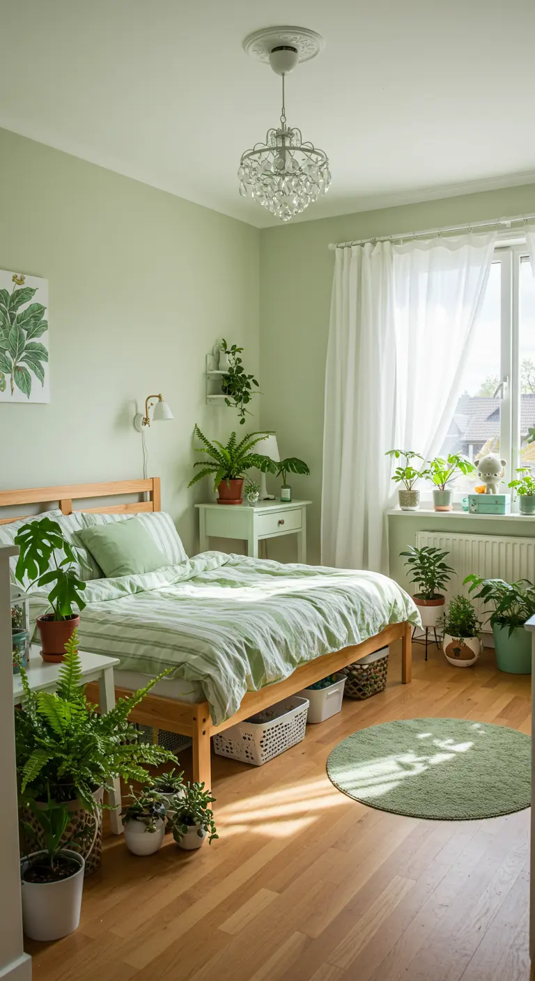 Mintgroene slaapkamer, veel potplanten, houten bed, rond groen vloerkleed, kristallen kroonluchter.