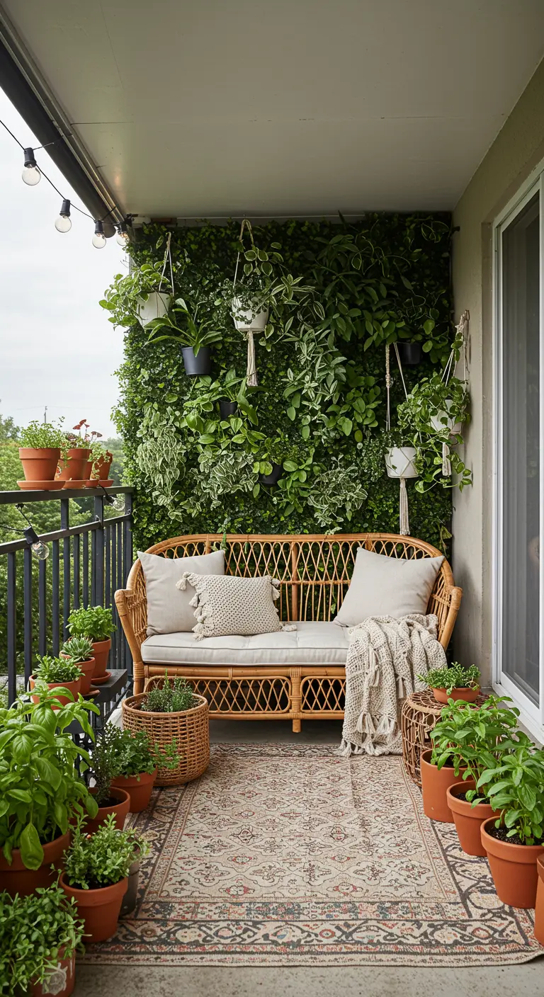 Balkon met rieten bank, weelderige groene plantenmuur, terracotta potten en sfeervolle lichtslingers.