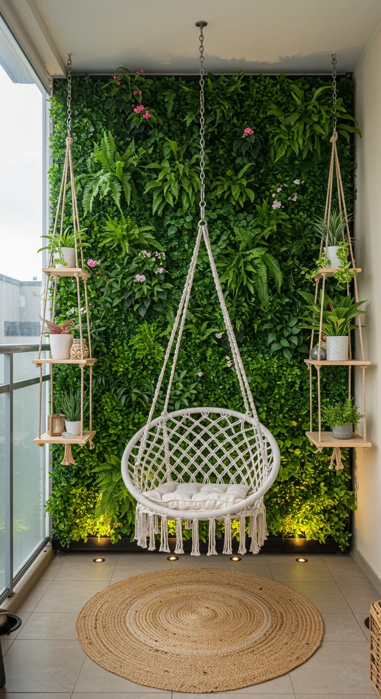 Witte macramé hangstoel voor een weelderige verticale plantenwand op een balkon.