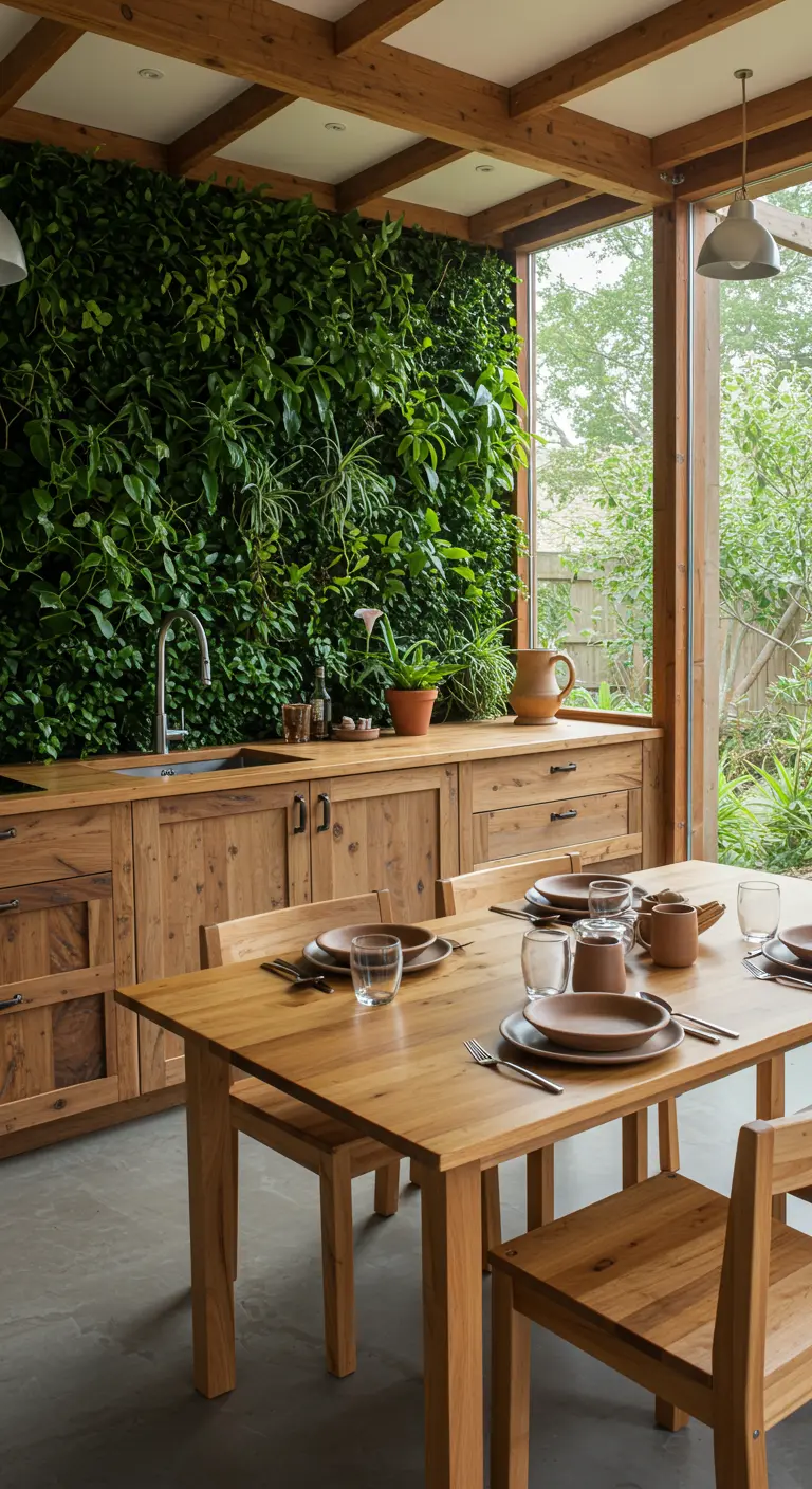 Keuken met grote plantenwand en servies in aardetinten op houten tafel.