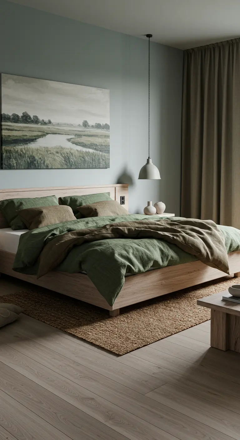 Slaapkamer in groentinten met houten bed, linnen beddengoed en landschapsschilderij.