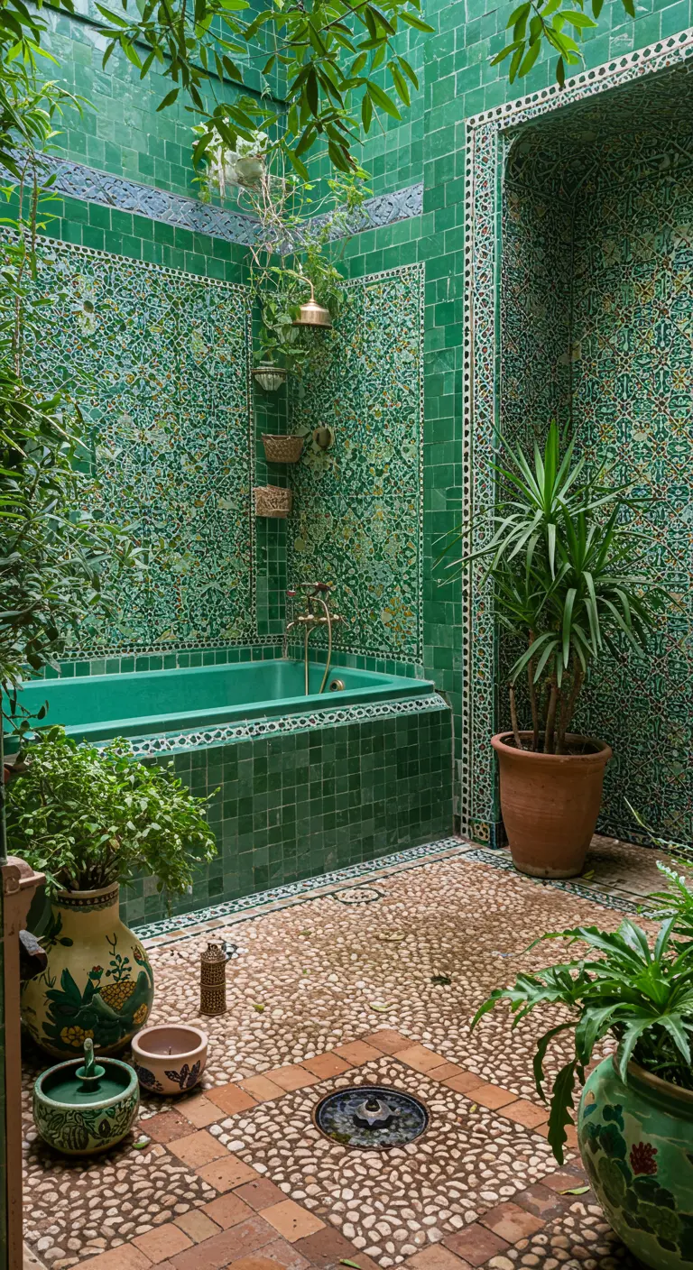 Levendige groene badkamer met mozaïektegels, bad en veel planten