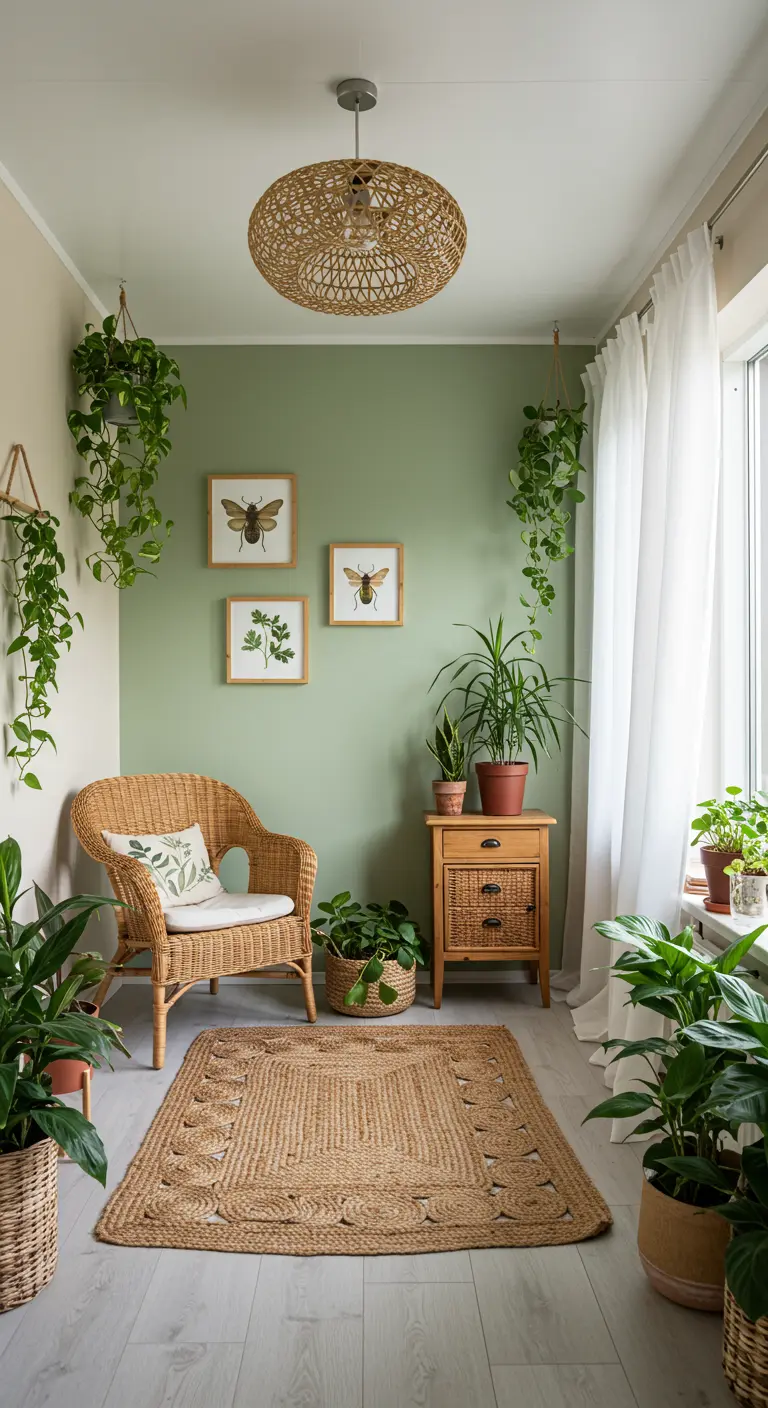 Drie botanische illustraties in houten lijsten aan een saliegroene muur, omringd door planten.