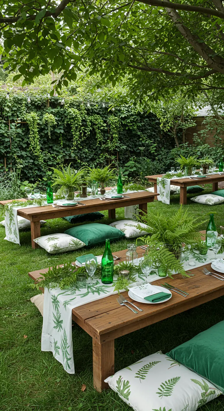 Groene tuinpicknick met lage tafels, kussens en varen decoratie.