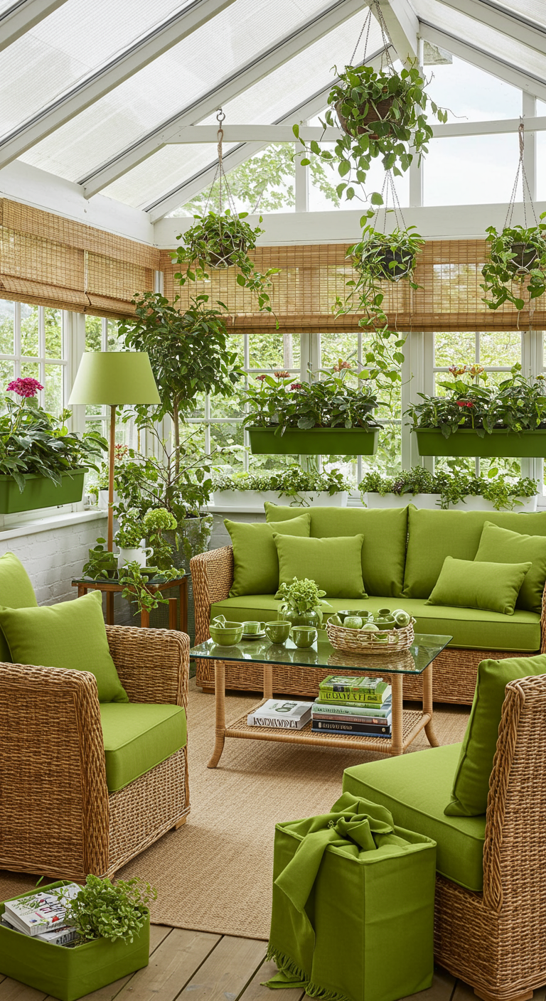 Lichte serre-achtige woonkamer met olijfgroene meubels en veel planten.
