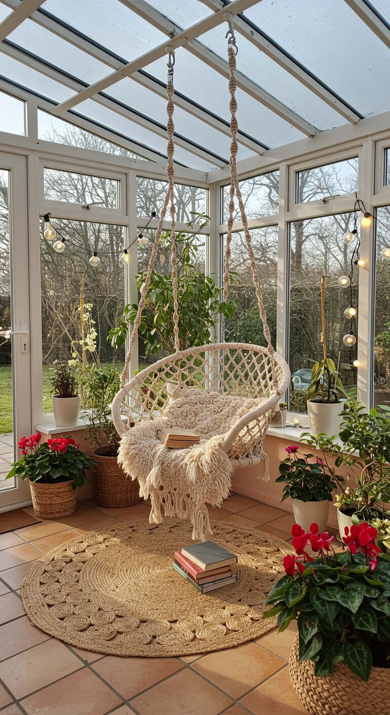 Witte macramé hangstoel in lichte serre met veel planten, terracotta potten en een lichtsnoer.
