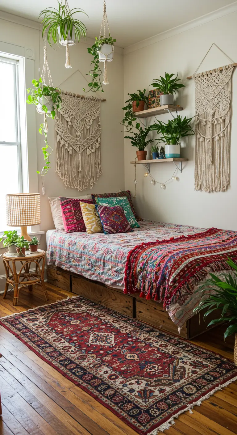 Kleine boho slaapkamer met veel hangplanten, macramé wanddecoratie en kleurrijk beddengoed.