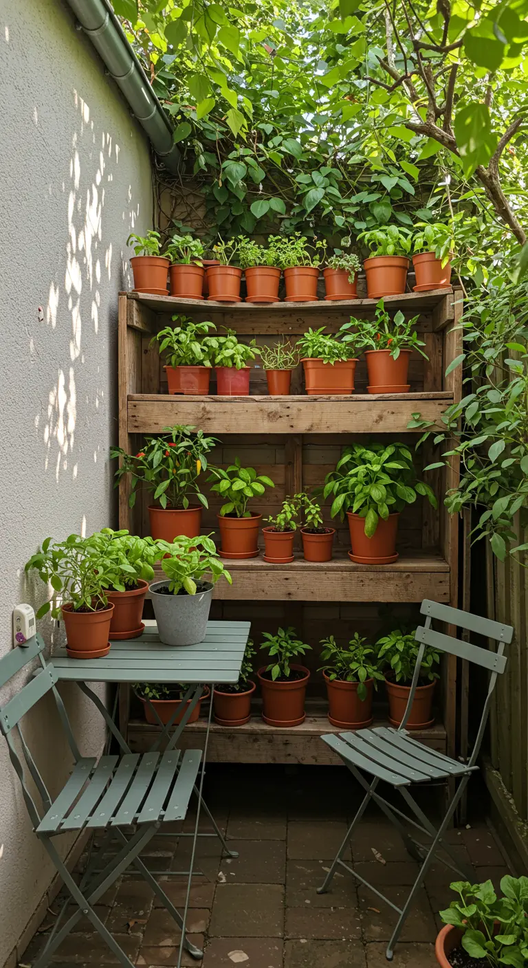 Houten stellingkast vol terracotta potten met kruiden en groenten, met een klein bistrosetje ervoor.