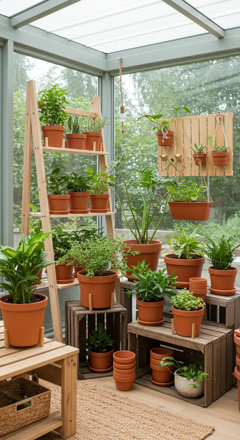 Serre vol planten in terracotta potten, uitgestald op een houten ladder-rek en gestapelde kratten.