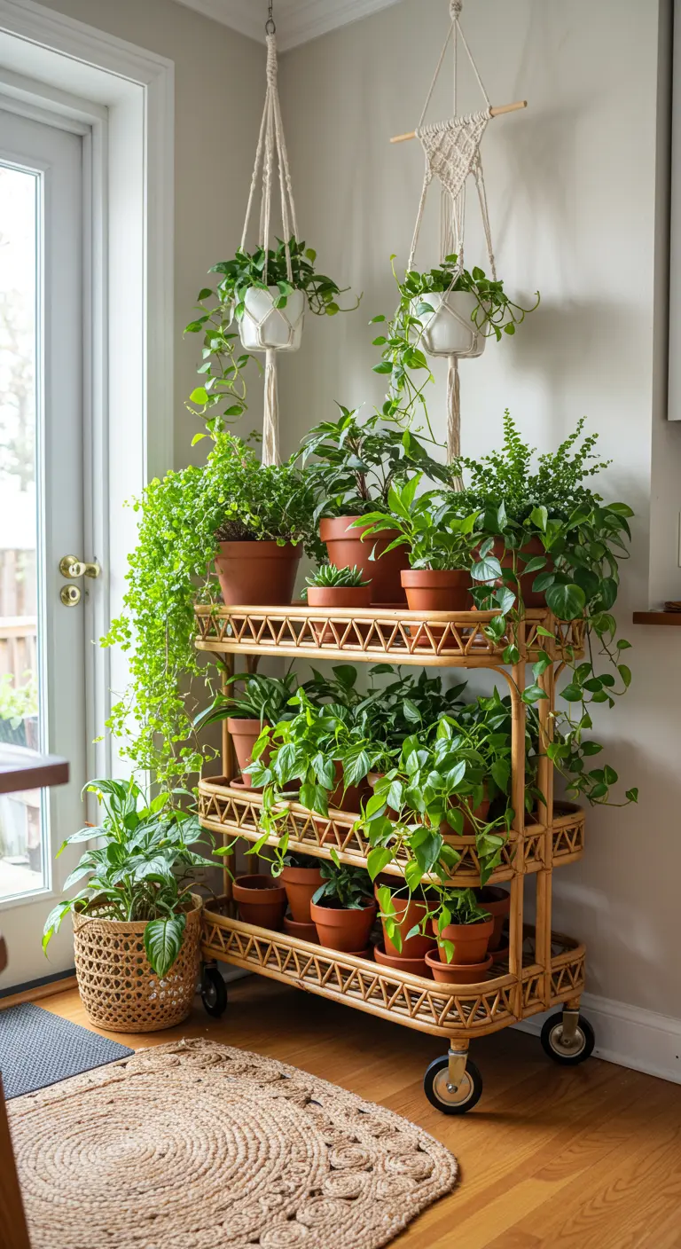 Rotan keukentrolley vol met diverse groene kamerplanten in terracotta potten.