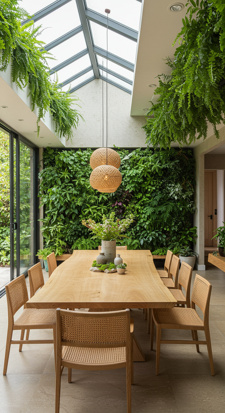 Eetkamer met lange houten tafel, rotan stoelen en een grote groene plantenwand.