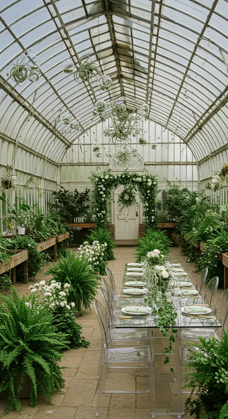 Serre gevuld met groene planten, glazen tafels, transparante stoelen en witte bloemstukken.