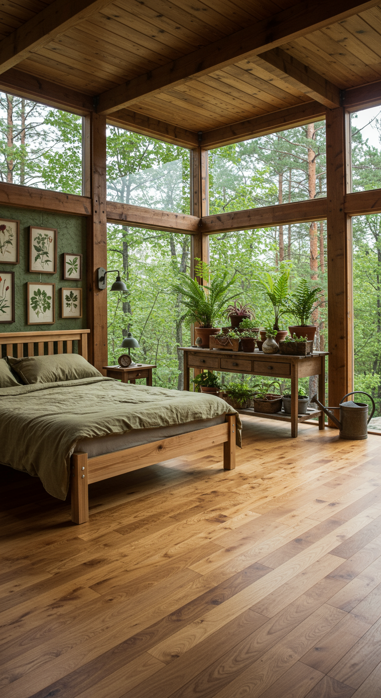 Lichte slaapkamer met houten tafel vol planten en botanische prenten aan de muur.