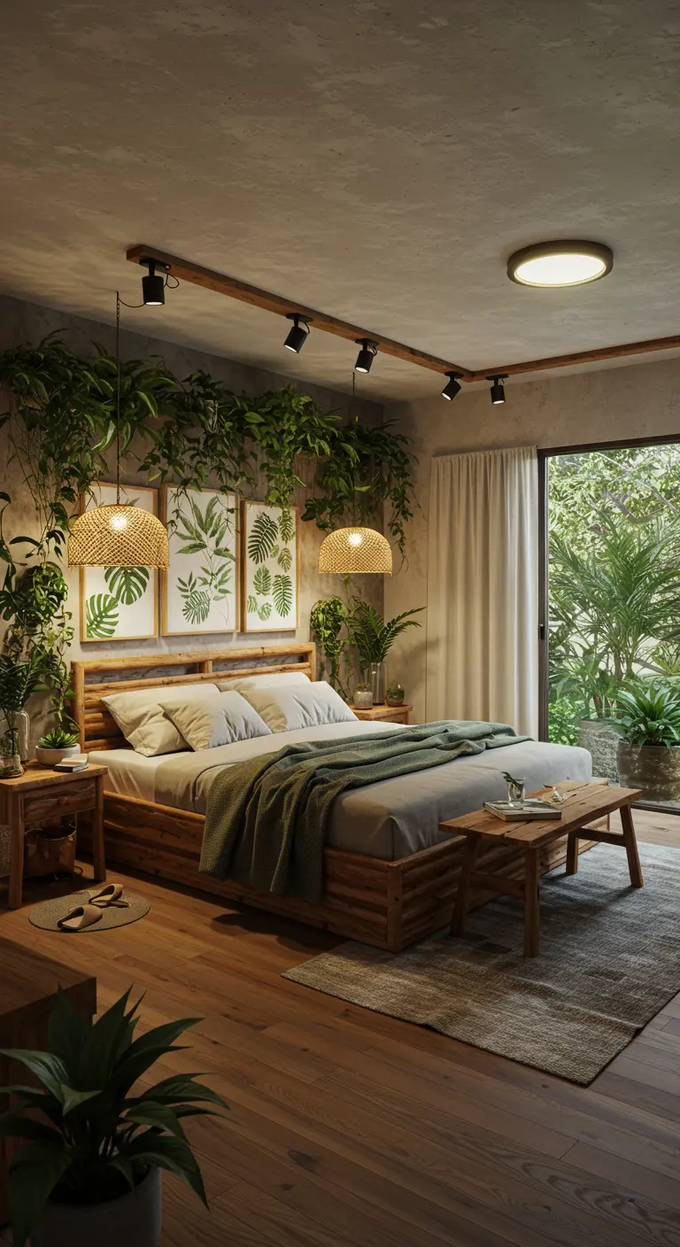 Slaapkamer in urban jungle stijl met veel planten, hanglampen van natuurlijke materialen en spotjes.