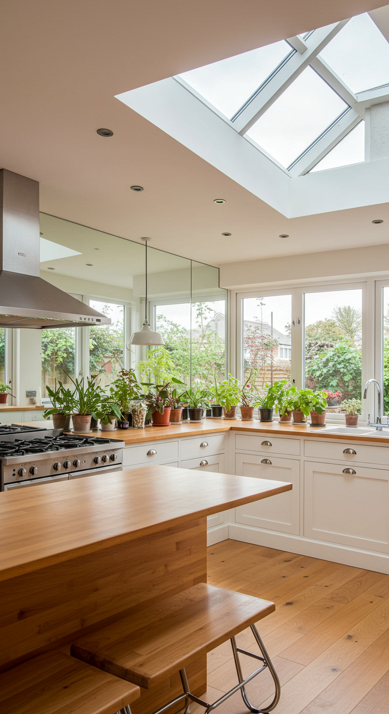 Witte keuken met houten werkblad vol planten en een groot dakraam.