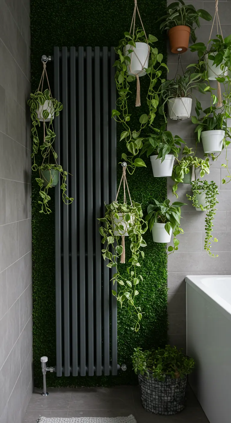 Donkergrijze verticale radiator deels verborgen achter een wand met kunstmos en diverse hangplanten.