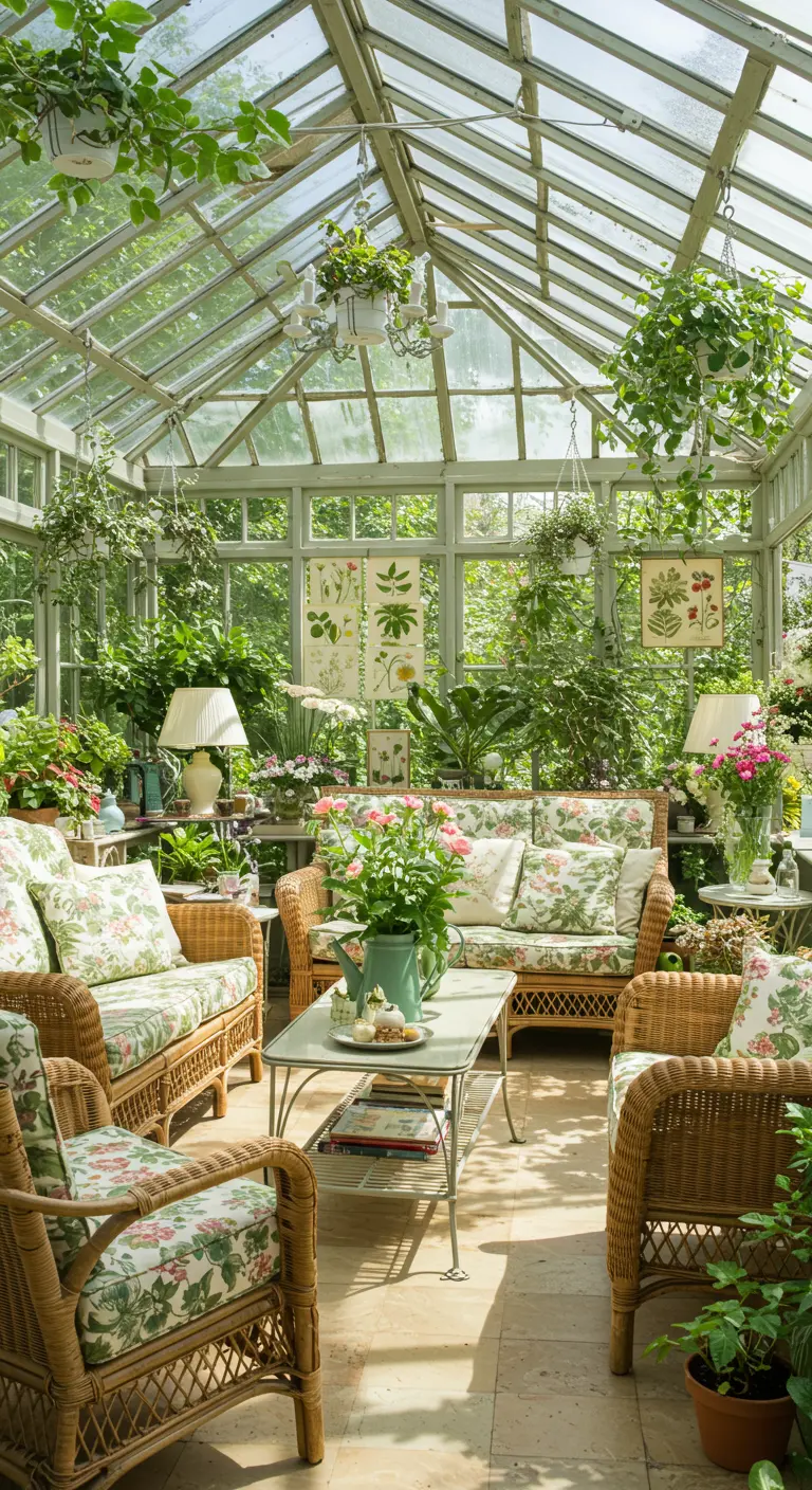 Lichte serre-woonkamer met rotan meubels, veel planten en botanische prints.