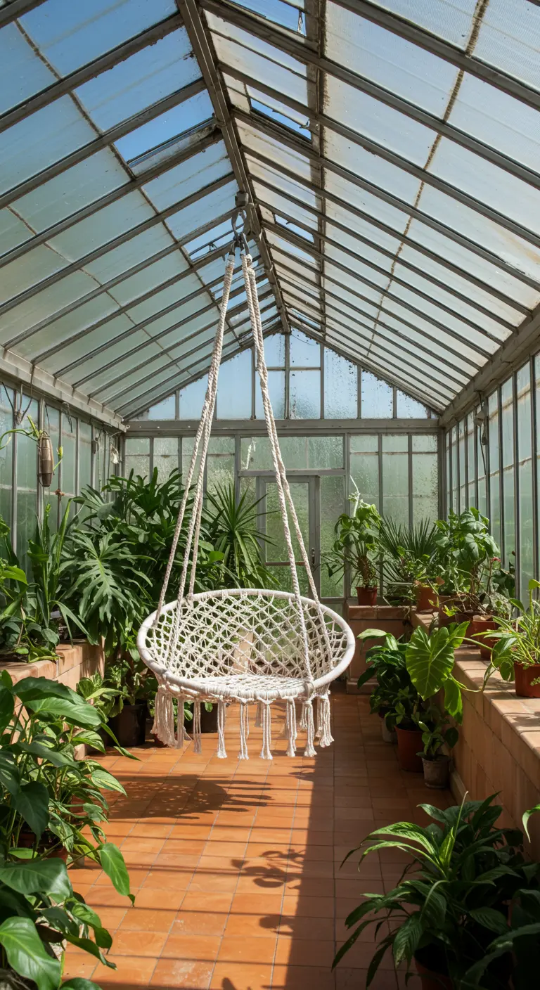 Witte macramé hangstoel in een lichte kas vol met groene planten.