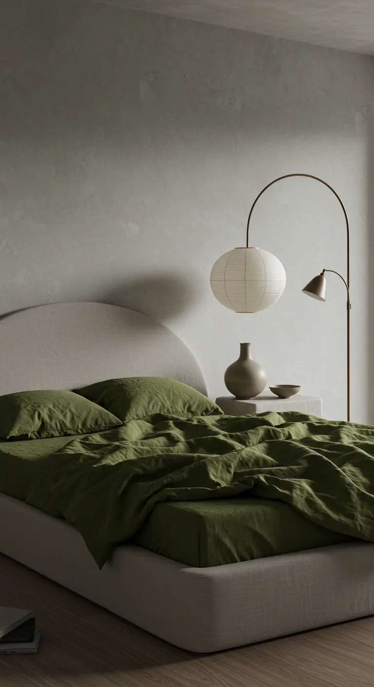 Minimalistische slaapkamer met olijfgroen beddengoed en een half rond hoofdbord.