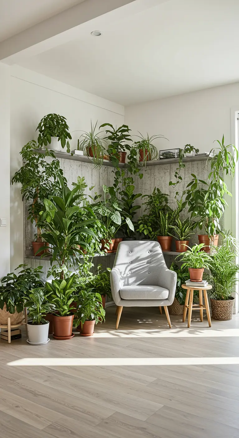 Woonkamerhoek vol met diverse kamerplanten op planken en de vloer, met een grijze fauteuil.