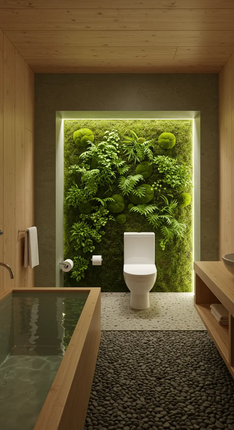 Badkamer met hangend toilet voor een verlichte groene plantenwand.
