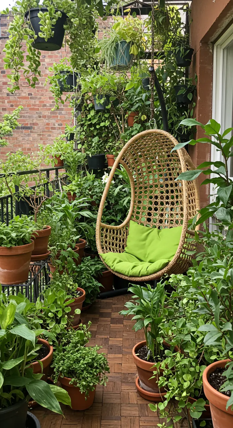 Rotan eivormige hangstoel met een groen kussen, omringd door een overvloed aan planten op een balkon.