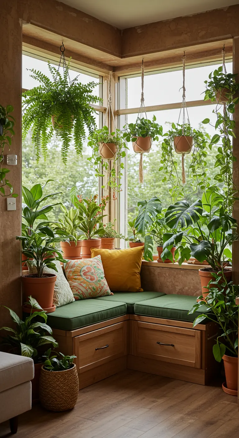 Hoekzitbank omringd door veel kamerplanten in terracotta potten, urban jungle stijl.