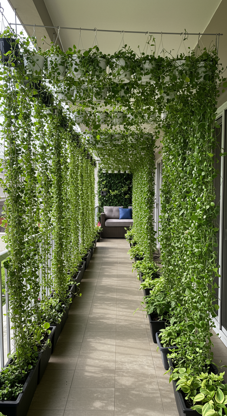 Lang balkon met een 'tunnel' van overvloedig hangende groene planten.