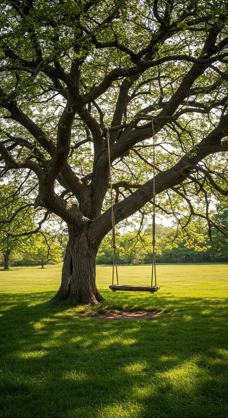 Boomstam-schommel aan touwen onder grote, oude boom in een uitgestrekt, groen grasveld.
