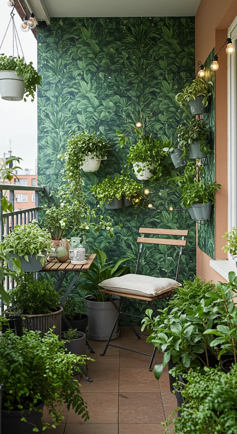 Balkon met donkergroen bladeren buitenbehang en veel hangplanten en potplanten.