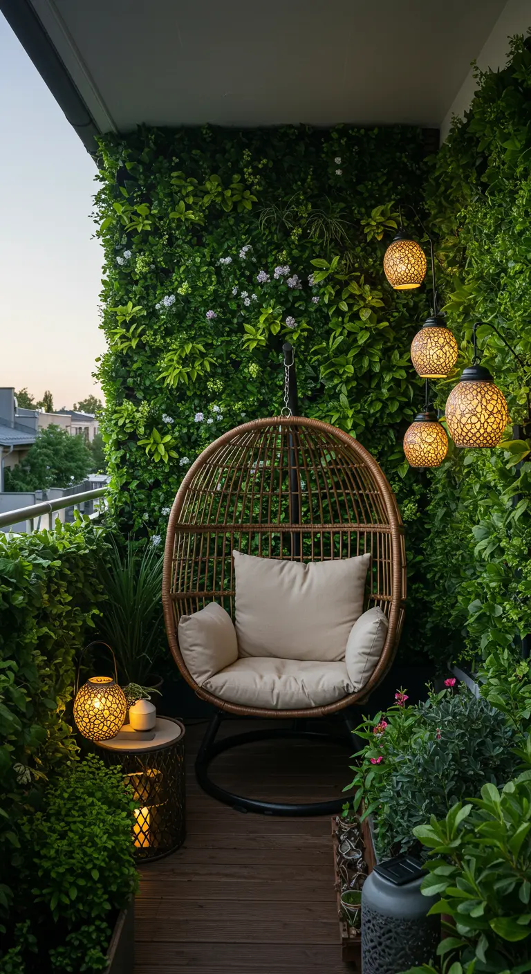 Rotan hangstoel met standaard voor groene wand vol planten en hangende lampionnen.