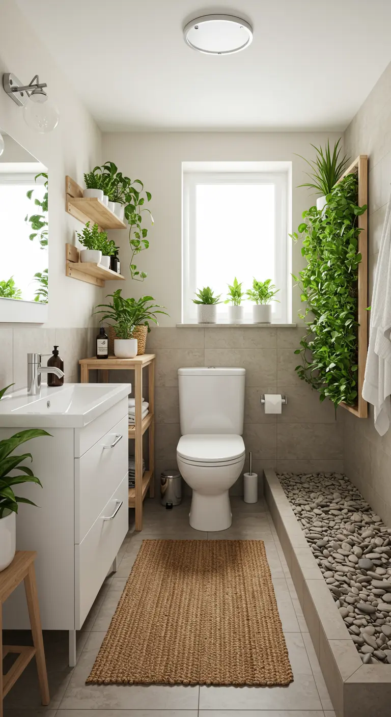 Badkamer met veel planten, een verticale plantenwand en houten planken.