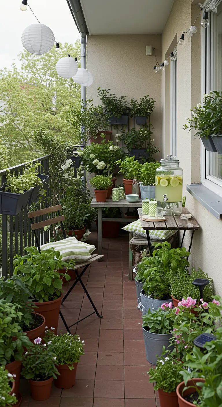 Groen balkon met veel planten, kleine tafel, limonadetap en witte lampionnen.