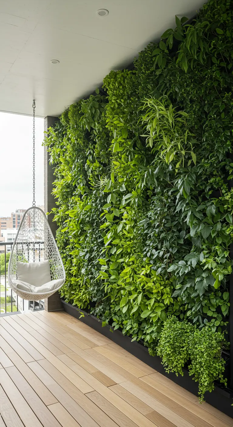 Witte hangstoel naast een weelderige groene verticale plantenwand.
