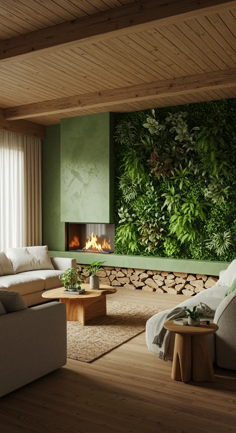 Moderne woonkamer met strakke haard naast een grote verticale plantenwand.