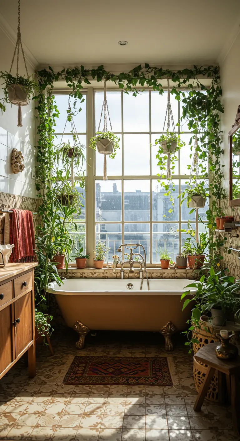 Badkamerraam omlijst met diverse hangende en staande kamerplanten, boho stijl.