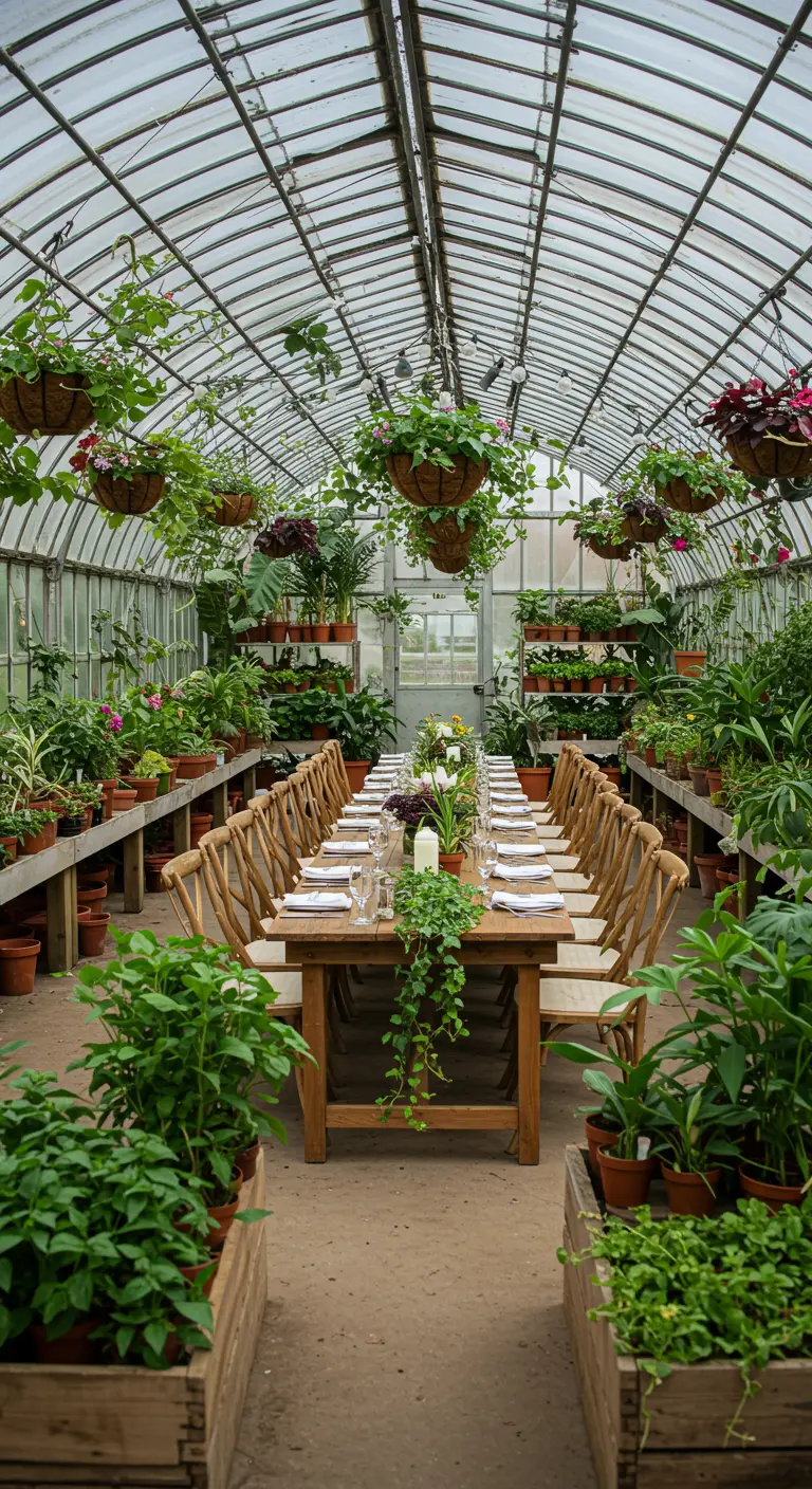Lange eettafel in een kas vol met potplanten, hangplanten en kruiden.