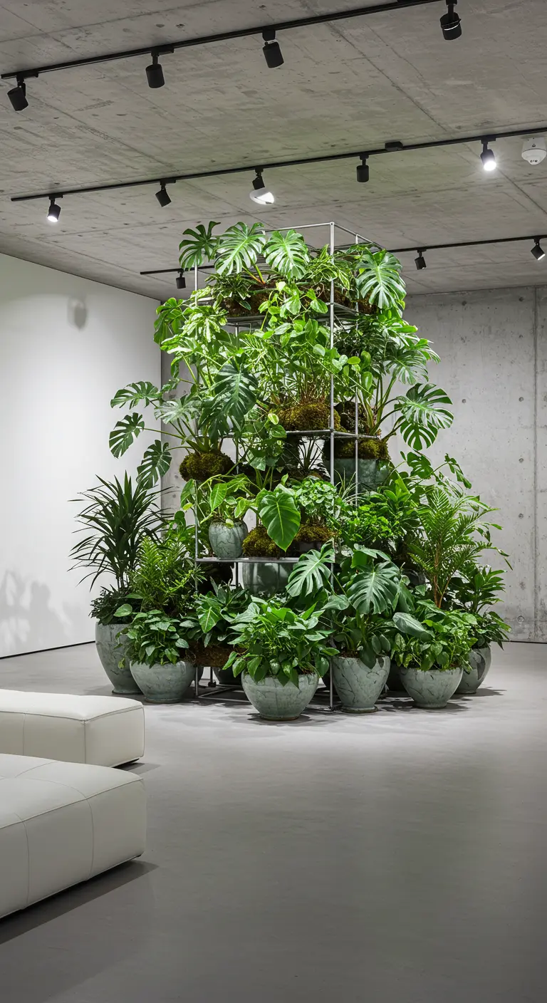 Piramidevormig metalen plantenrek vol diverse groene planten in moderne ruimte.