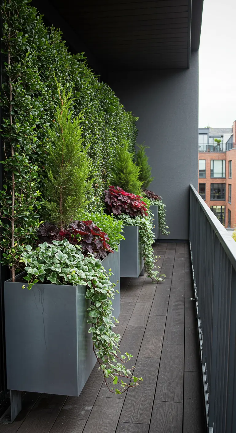 Balkon met hoge, grijze plantenbakken gevuld met groene en rode planten, als privacyscherm.