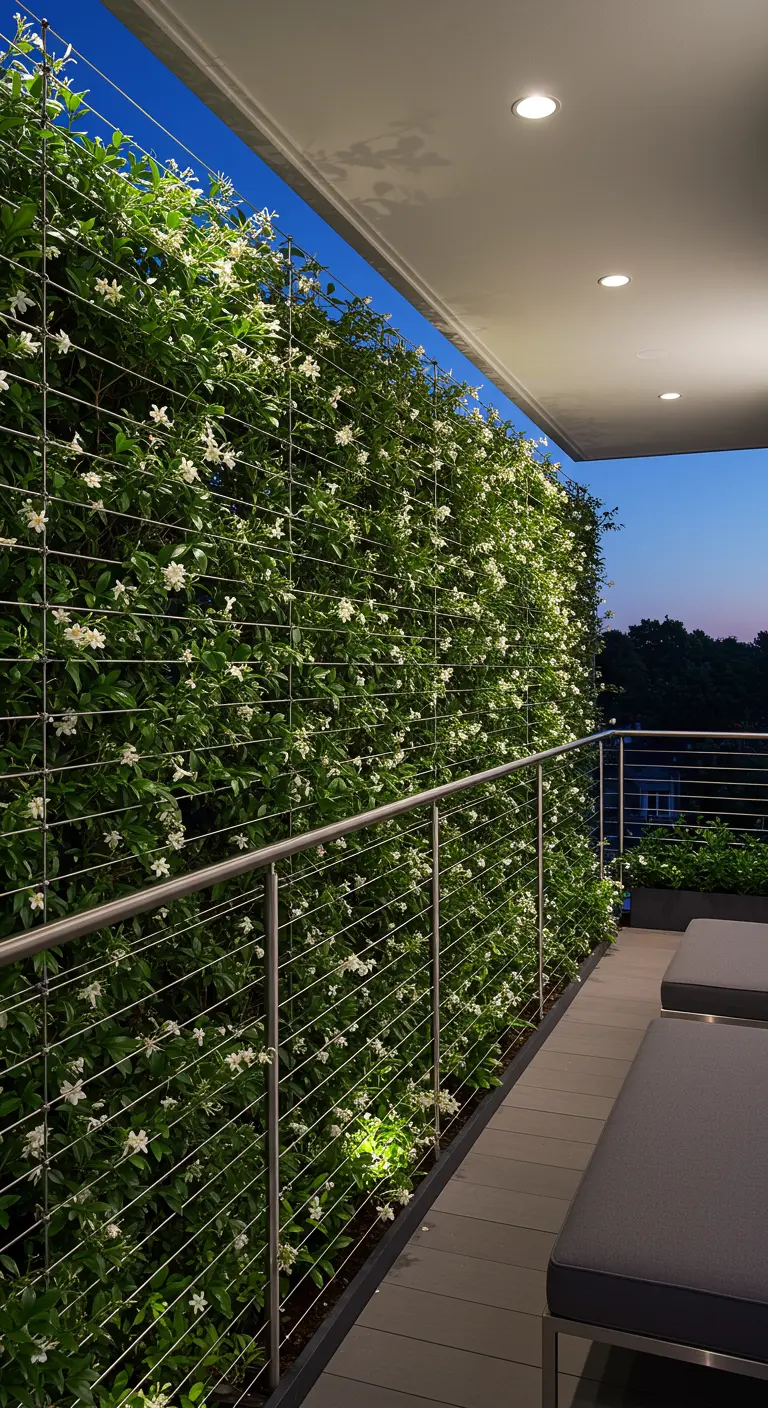 Dichte groene wand van sterjasmijn op een balkon, 's avonds verlicht met spots.