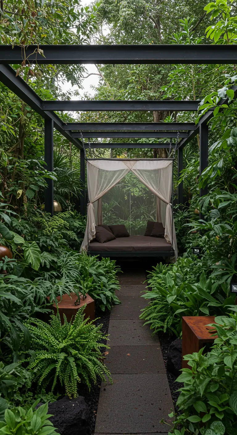 Zwart stalen pergola volledig begroeid met groen, met daaronder een schommelbed met licht doek en kussens
