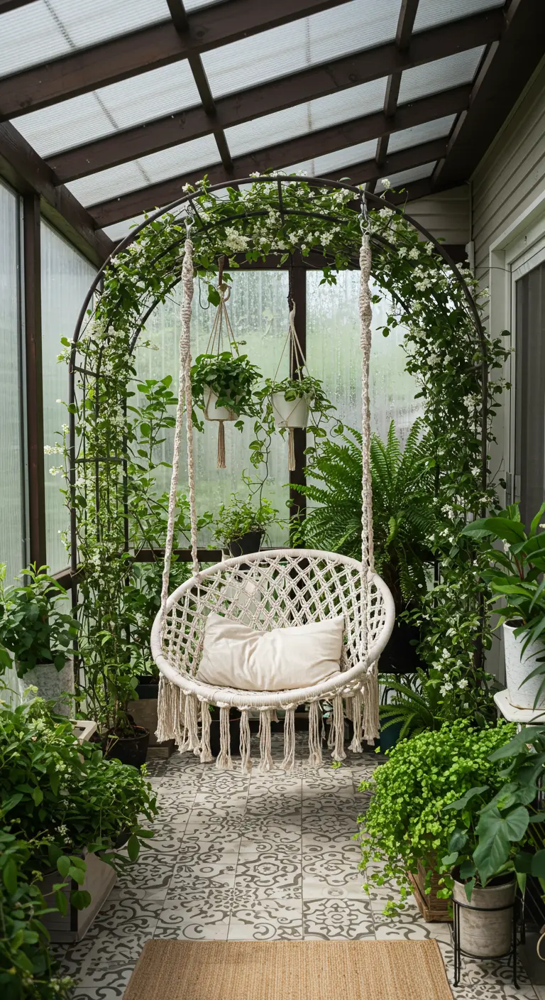 Witte macramé hangstoel onder een metalen boog met klimplanten in een serre.