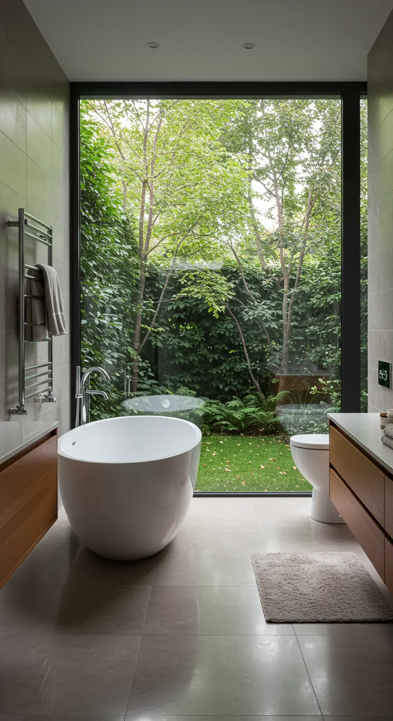 Moderne badkamer met groot raam dat uitkijkt op een groene tuin, vrijstaand wit bad.