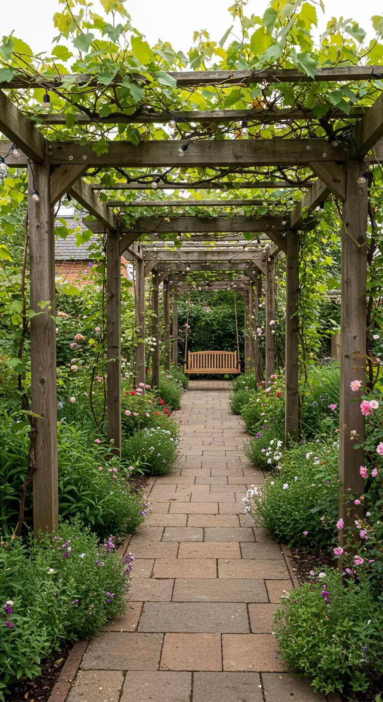 Houten schommelbank aan het einde van een met klimplanten begroeide pergola-tunnel.