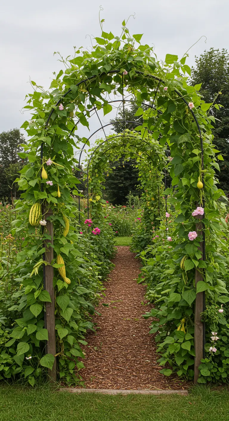 Tuinpad onder een tunnel van bogen begroeid met klimbonen, kalebassen en roze bloemen.