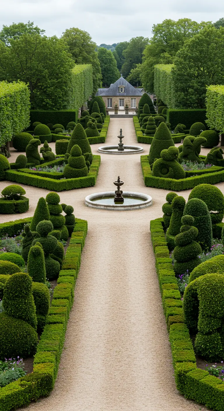 Formele tuin met perfect gesnoeide buxusfiguren (topiary) en fonteinen.