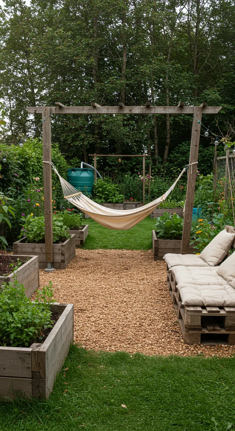 Witte hangmat bij een moestuin met houten kweekbakken, palletbank en houtsnippers.